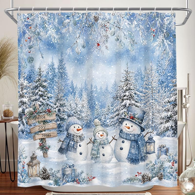 Winter Christmas Snowman Shower Curtain, Blue Xmas Pine Tree Snowflake by Duluxykl