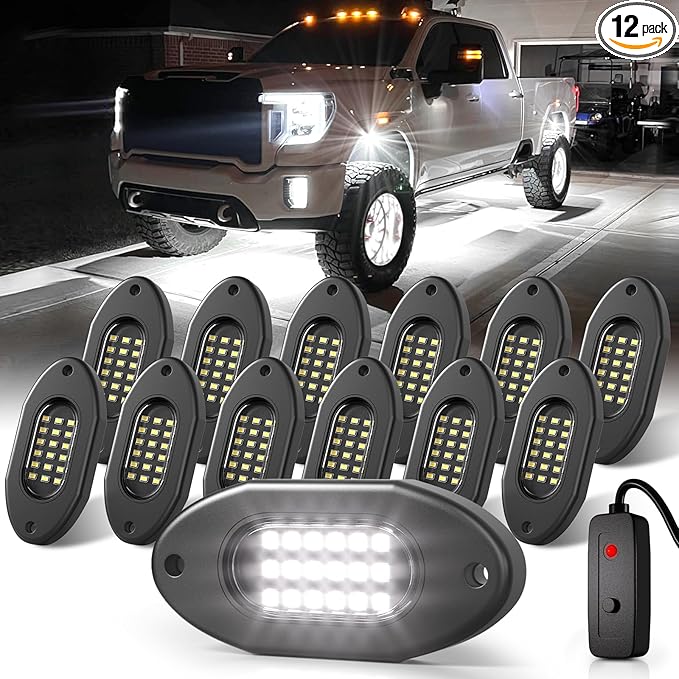 Honalia Pure White Rock Lights for Trucks 12 Pods, 6000K White LED Rock Lights by Honalia