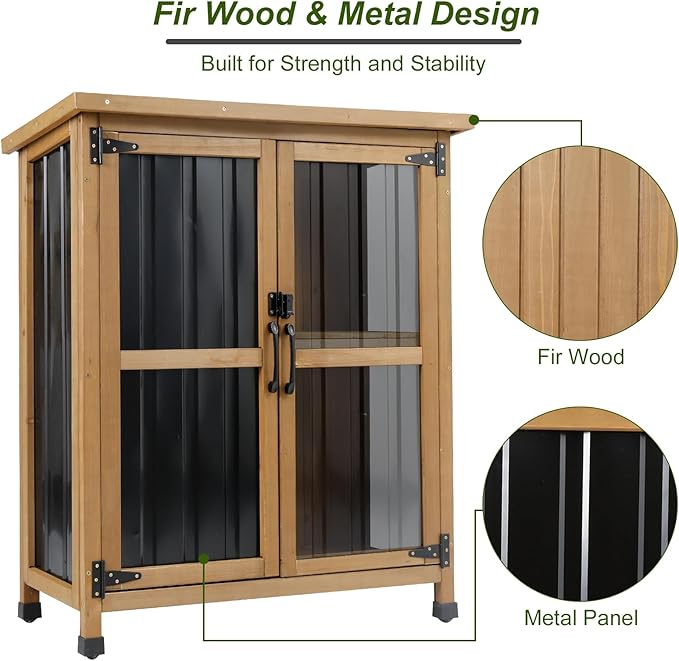 Outdoor Storage Cabinet Wood & Metal Small Storage Shed Waterproof Roof - Image 4