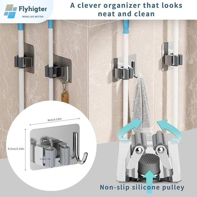 Stainless Steel Mop Holder Wall Mount – 4 Pack Heavy-Duty Broom Organizer - Image 2