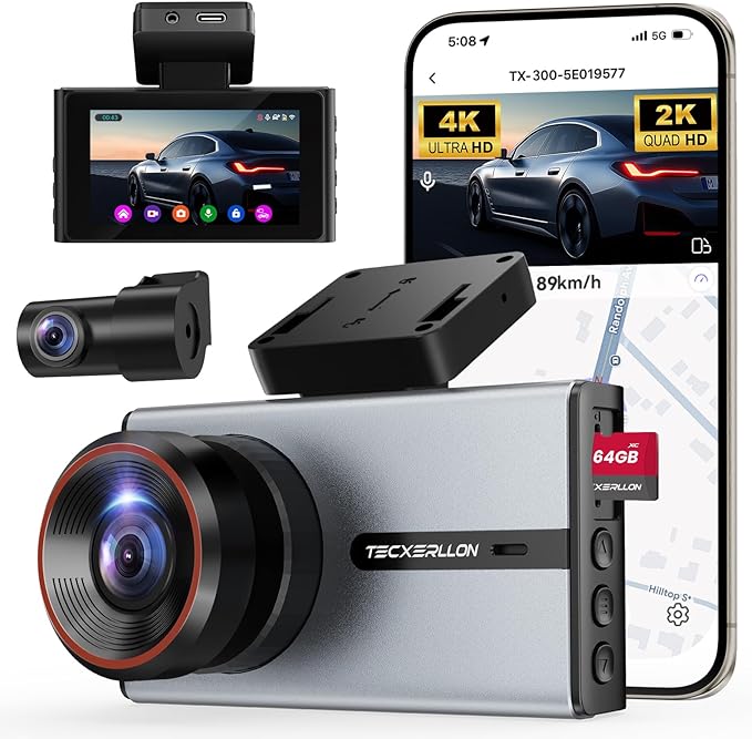 Dash Cam, 4K Dash Cam Front and Rear by TECXERLLON