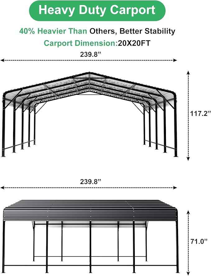 20x20 FT Metal Carport with Heavy Duty Carport Canopy, Car Port with Reinforced - Image 5