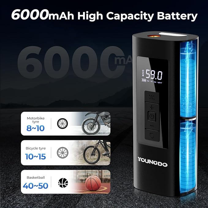 YOUNGDO Tire Inflator Portable Air Compressor, 150 PSI & 6000mAh, Tire Inflator - Image 3