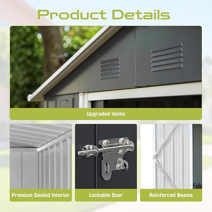 8 x 6 FT Outdoor Storage Metal Shed, Bike Garden Tool Shed - Image 7