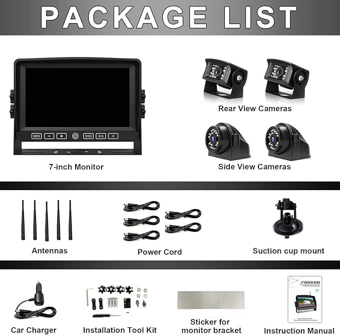 Fookoo HD 7" Wireless Backup Camera System, 1080P 7" Quad Split Screen Monitor - Image 8