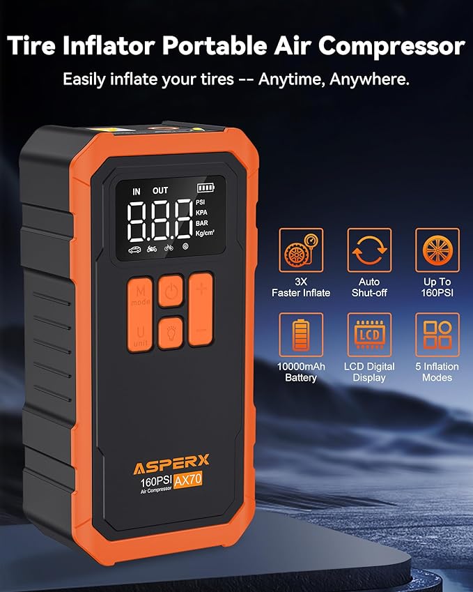 Tire Inflator Portable Air Compressor- 160PSI & 10000mAh Portable Air Pump - Image 2