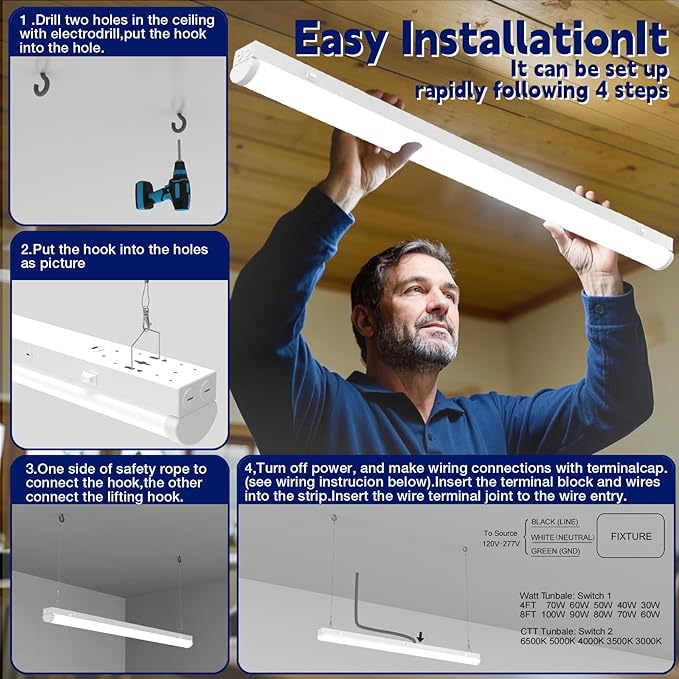 4FT LED Linear Strip Light, LED Shop Lights 30W/35W/40W Selectable, 4 Color - Image 7
