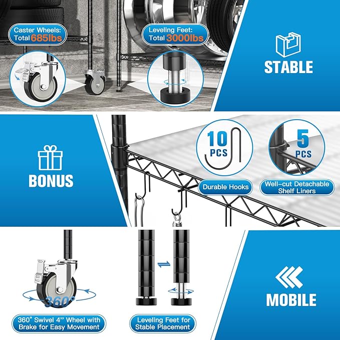 Wire Shelving with Wheels, 3000 Lbs Storage Shelves Heavy Duty, - Image 5
