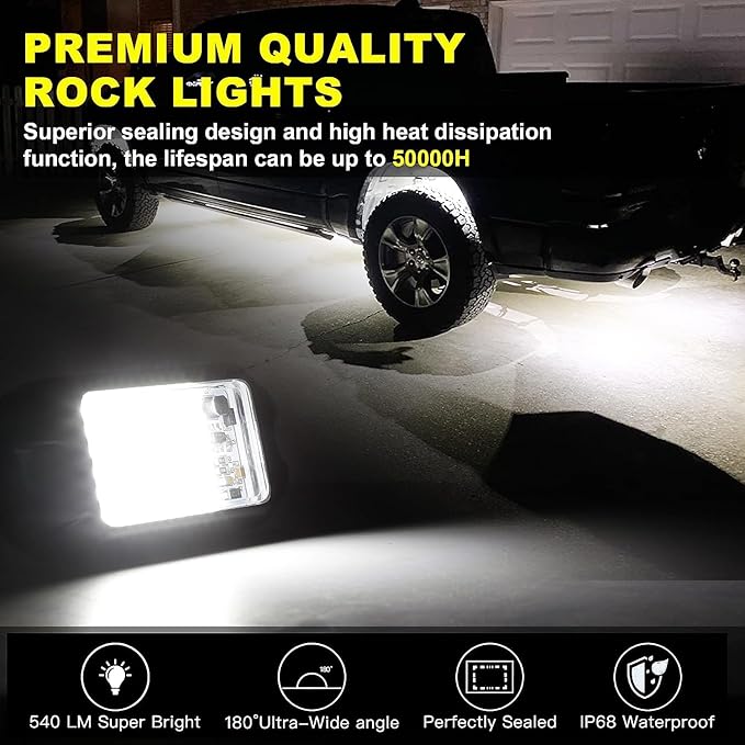 Nicoko 8 Pods 6000K pure White Rock lights Aluminum 9-30V Underglow Lights IP68 - Image 2