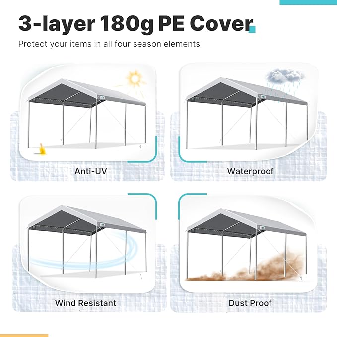 ADVANCE OUTDOOR Adjustable 10x15 ft Heavy Duty Carport Car Canopy Garage Boat - Image 4