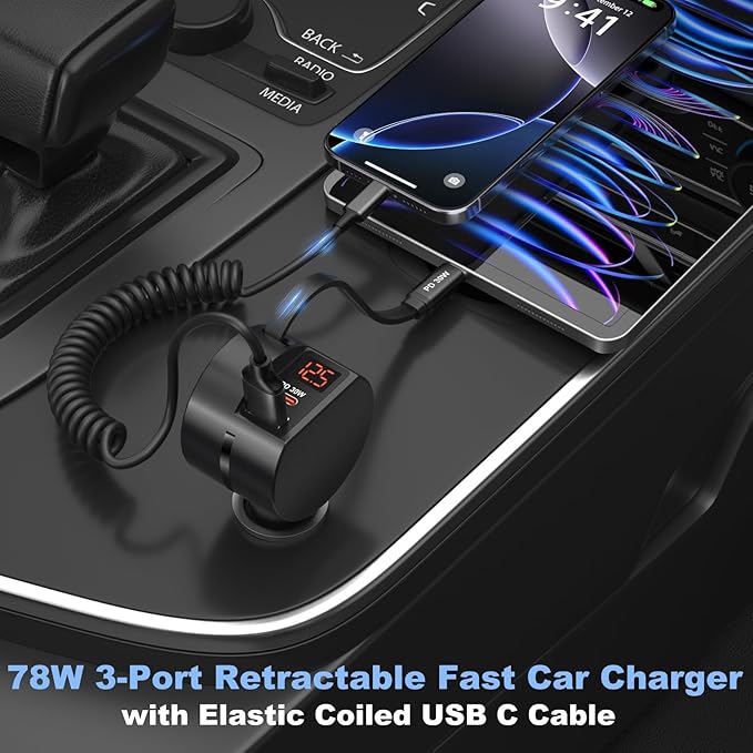 Retractable Car Charger USB C, OKRAY 78W 3-Port 12v Cigarette Lighter Adapter - Image 2