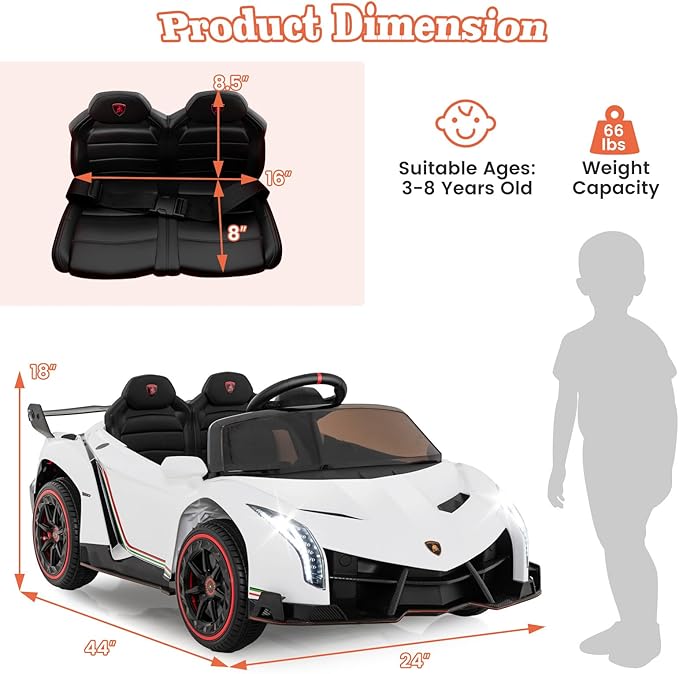 Costzon Ride on Car, Lamborghini Licensed 12V Battery Powered 4WD Sports Car - Image 6