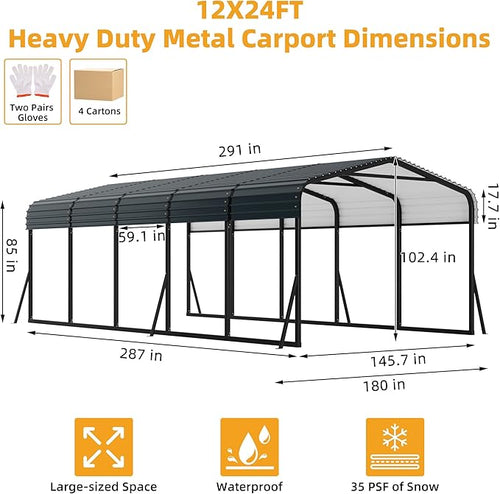 12 x 24 FT Metal Carport with Galvanized Steel Roof, Heavy Duty Metal Roof - Image 2