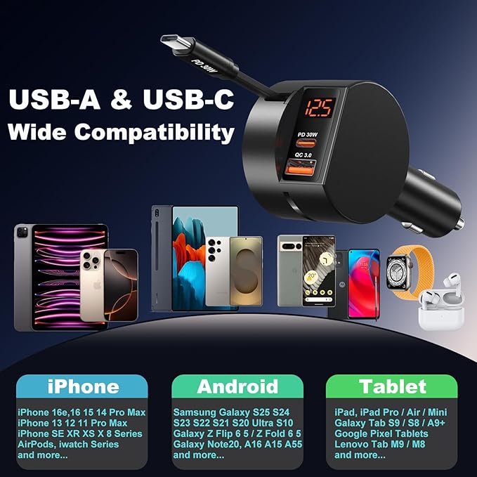 Retractable Car Charger USB C, OKRAY 78W 3-Port 12v Cigarette Lighter Adapter - Image 7