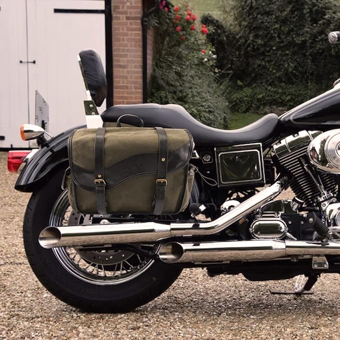 NICECNC Motorcycle Saddlebags Vintage Oil Waxed Canvas Leather, 30L Throw Over - Image 2