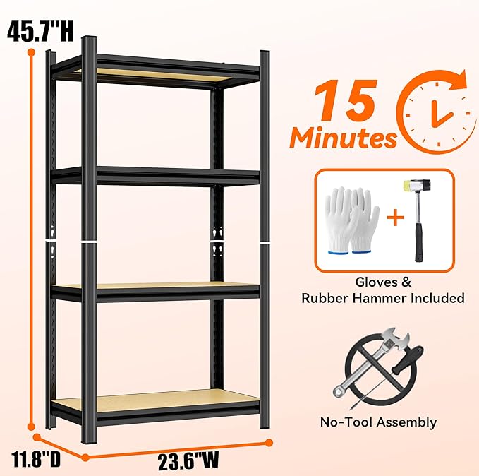 Garage Shelving, 4-Tier Adjustable Storage Shelves, Metal & Wood Pantry Shelf - Image 3