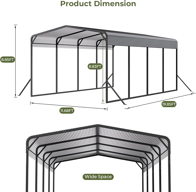 Carport 12x20 FT Heavy Duty Metal Carport, Outdoor Metal Canopy - Image 3