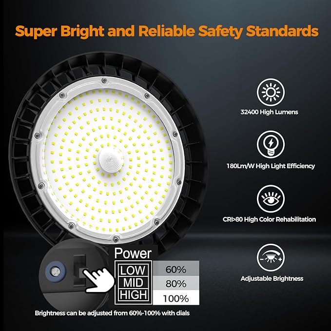 High Bay Lights 180W LED UFO Light LED Shop Lights 32400 LM 6000K IP65 - Image 2