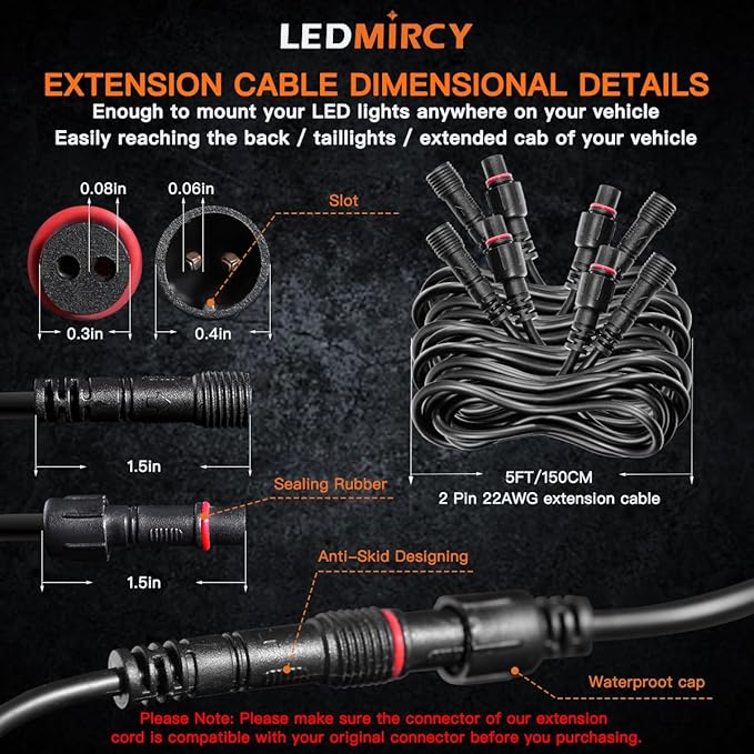 LED Rock Lights Extension Cable Wire Cord 2Pin Waterproof 4PCS 5ft 22AWG - Image 2
