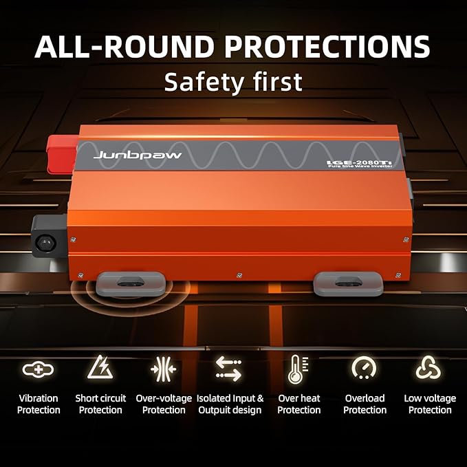 2080W Pure Sine Wave Inverter, 12V DC to 110V/120V AC, 6000W Peak, 5V/2.1A USB - Image 5