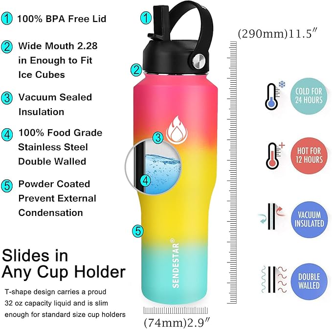 SENDESTAR Water Bottle 32oz, 2 Lids, Wide Mouth Stainless Steel Vacuum - Image 6