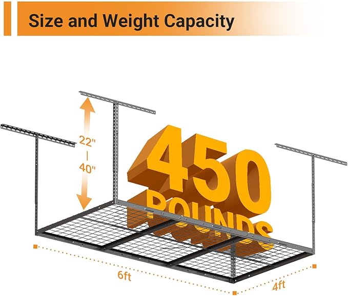 4x6ft Overhead Garage Storage Rack, Heavy Duty Metal Ceiling Shelf, 450lbs - Image 2