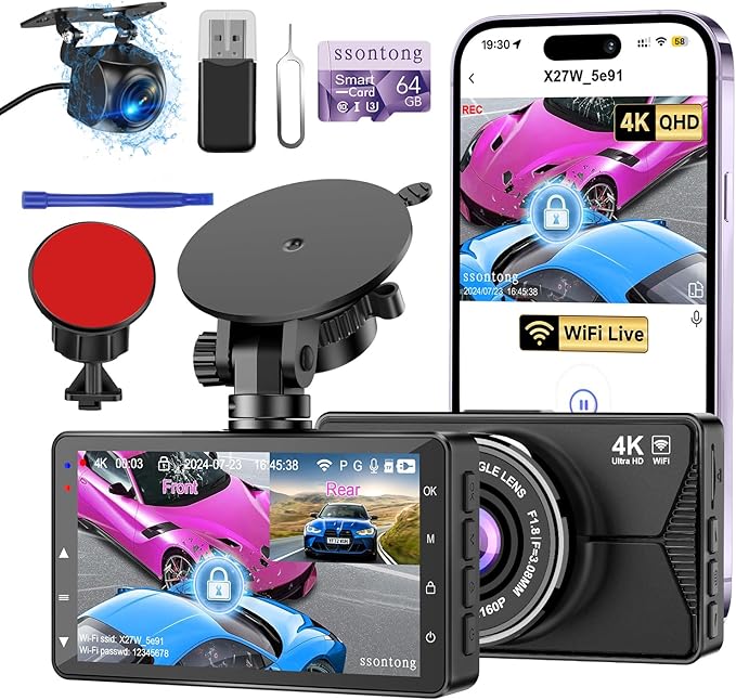 Dash Cam Front and Rear, Dash Cam 4K WiFi/APP Control Dashcam W/ 64GB Card Dash by ssontong