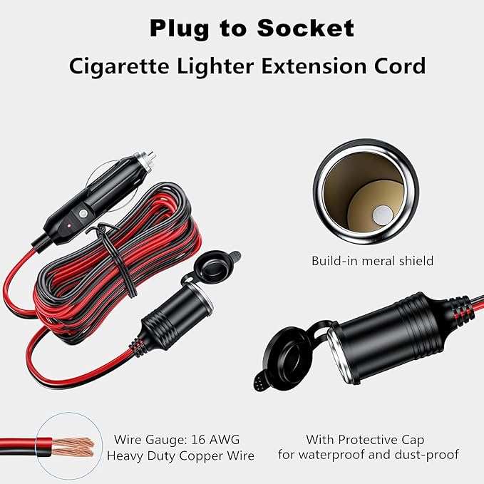 KEWIG 12/24V Car Cigarette Lighter Extension Cord - 13FT Cigarette Lighter Plug - Image 4