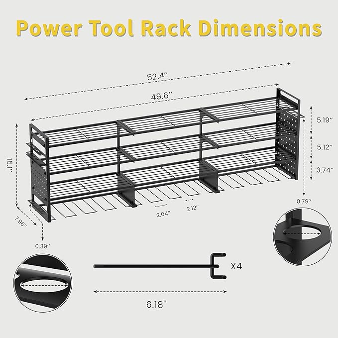 Power Tool Organizer Wall Mount, Pegboard Side Panels, 4 Long Hooks, Large Tool - Image 7