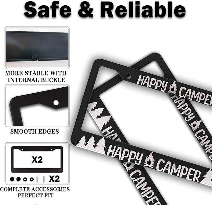 License Plate Frames Black and White Metal License Plate Frame Happy Camper - Image 4