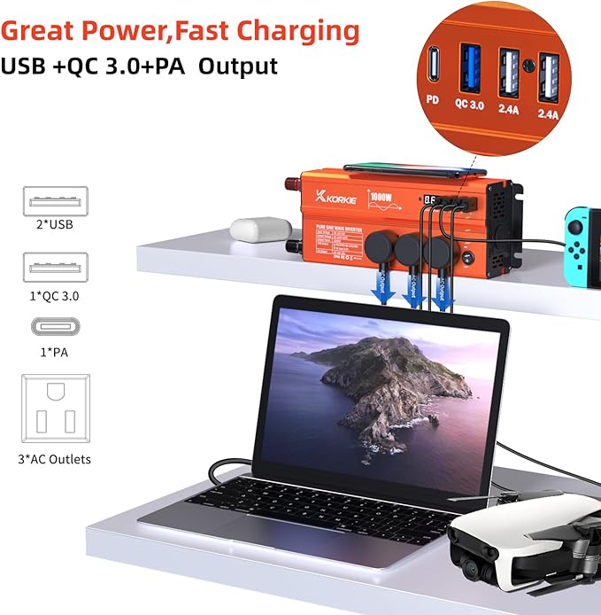 1000W Pure Sine Wave Inverter, Car Power Inverter, 12V DC to 110V AC Power - Image 3