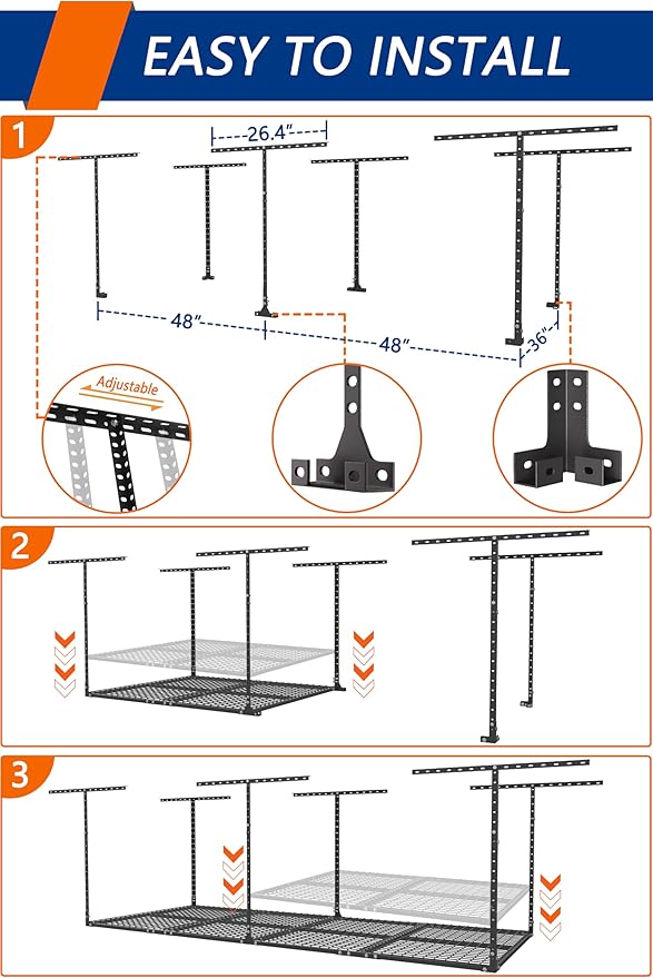 3 x 8FT Overhead Garage Storage Rack, Adjustable Ceiling Storage Racks - Image 6