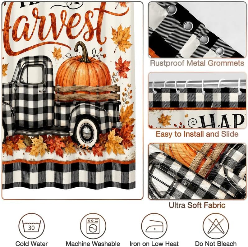 Fall Harvest Shower Curtain Pumpkin Autumn Leaves Thanksgiving Shower Curtains for Bathroom Buffalo Plaid Check Car Home Decor Waterproof Fabric with 10 Hooks, 60x72 Inch - Image 4