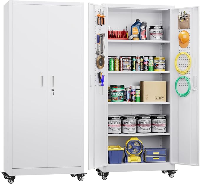 Garage Storage Cabinet with with Pegboard and Wheels, Tool Storage, Home Office by SUXXANFurniture