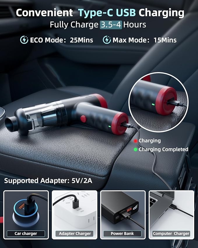 2-in-1 Car Vacuum&Air Duster, 80W/16kpa/12KRPM/30 Mins, High Powerful Dust - Image 5