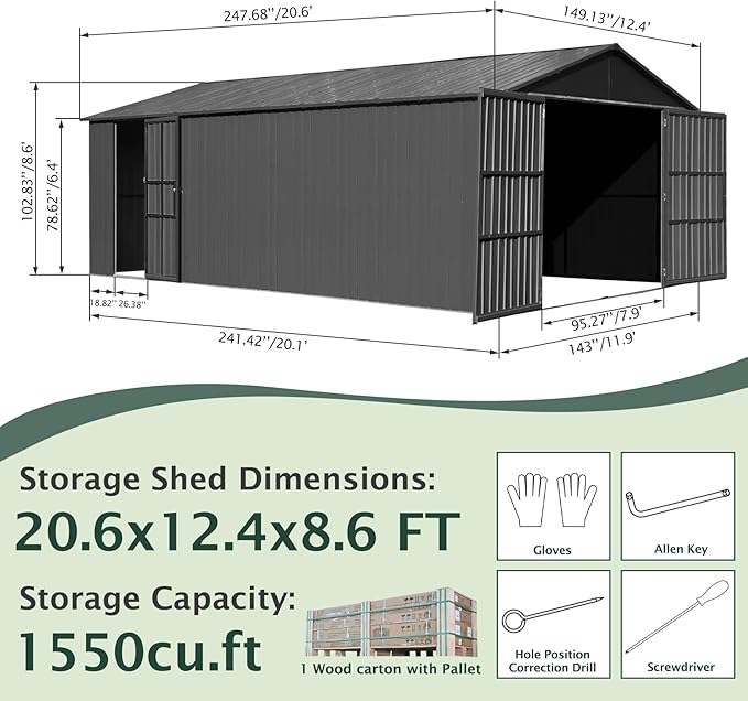 Domi 12’x20’ Outdoor Metal Garage Shed, All Weather Enclosed Carport - Image 2