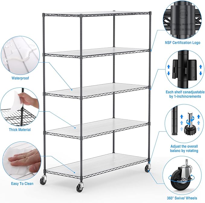 pouseayar Black 5 Tier Shelf Wire Shelving Unit, 6000lbs Capacity NSF Metal - Image 4