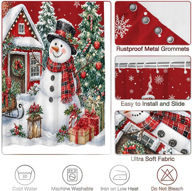 Red Christmas Shower Curtain for Bathroom, 72x84 Inch Waterproof Fabric - Image 4