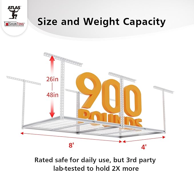 The Atlas 4 x 8 ft Adjustable Height Overhead Garage Storage Rack 900 lbs Heavy - Image 2