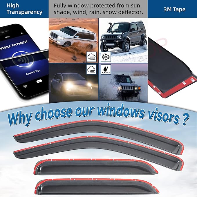 4pcs Front+Rear Smoke Sun/Rain Guard Outside Mount Tape-On Window Visors - Image 2