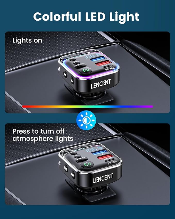 LENCENT Bluetooth 5.3 FM Transmitter Car Adapter 48W Fast Charger, Light Switch - Image 6