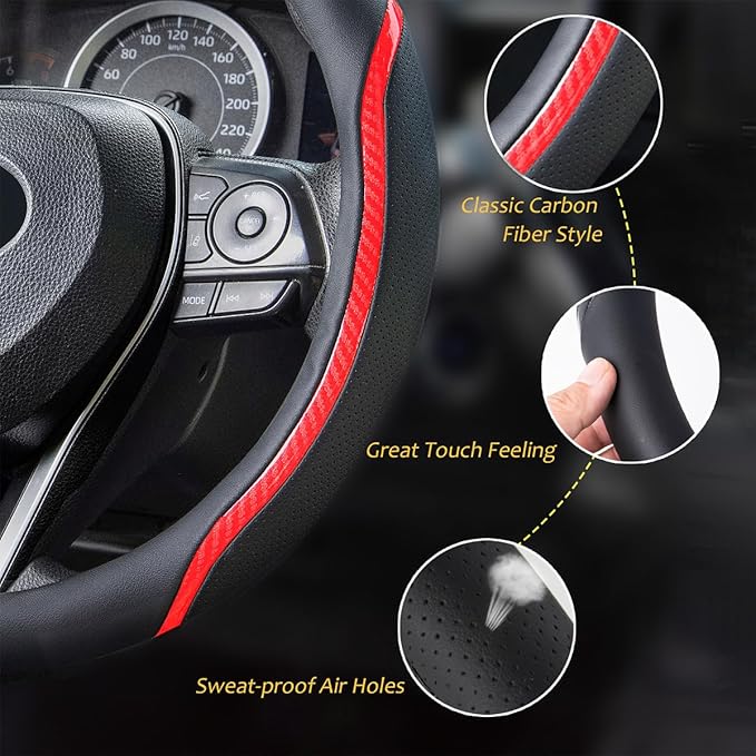 Steering Wheel Cover Black Red, Carbon Fiber Car Steering Wheel Covers - Image 4