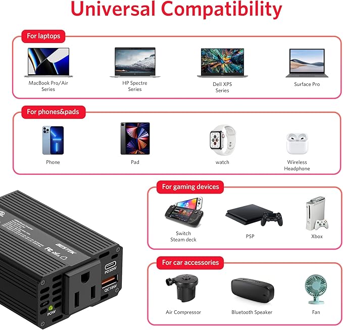 BESTEK 150W Car Power Inverter, DC 12V to 110V AC Converter PD 30W QC 3.0 18W - Image 3