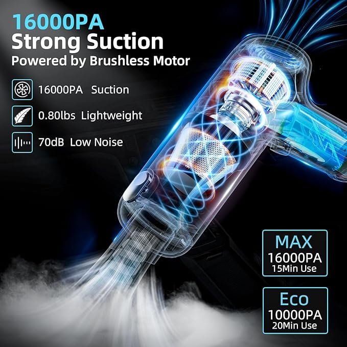 Car Vacuum Cleaner, 80W/16Kpa/20Mins, Lightweight Mini High Power Pet Portable - Image 2