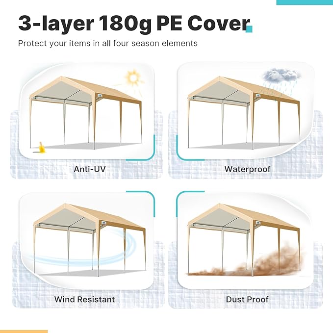 ADVANCE OUTDOOR Adjustable 10x20 ft Heavy Duty Carport Car Canopy Garage Boat - Image 4