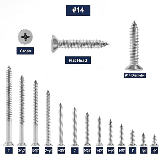#14 x 1-1/2" Wood Screw 100Pcs 18-8 Stainless Steel Screws Flat Head Phillips - Image 3