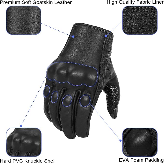 Updated Full Finger Leather Motorcycle Gloves Phone Touch Goat Skin Black - Image 2