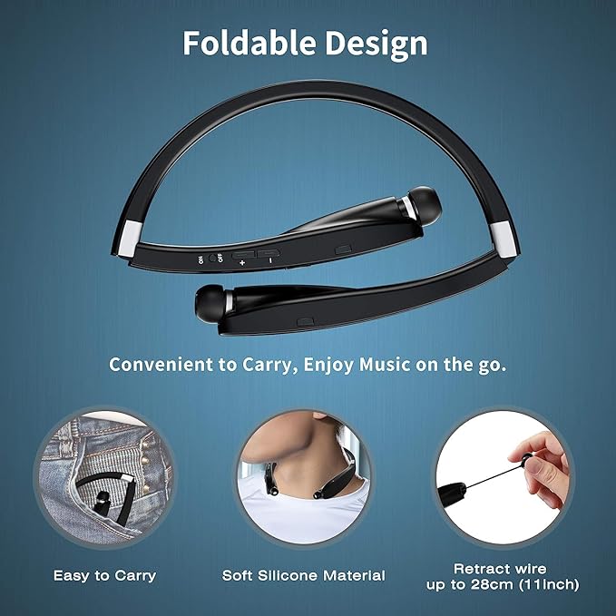 AMORNO Foldable Bluetooth Headphones Wireless Neckband Headset - Image 4