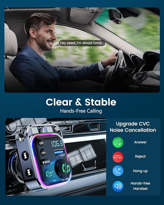 LENCENT Bluetooth 5.3 FM Transmitter Car Adapter 48W Fast Charger, Light Switch - Image 4