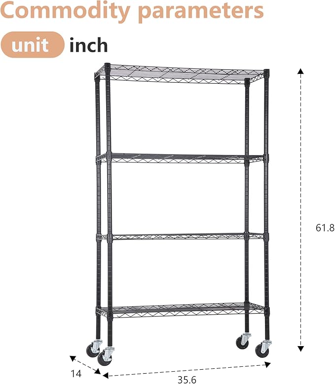 4-Tier Adjustable NSF-Certified Metal Shelf 36L x 14W x 62H Wire Shelving Unit - Image 3